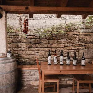 Stone tasting terrace with barrel